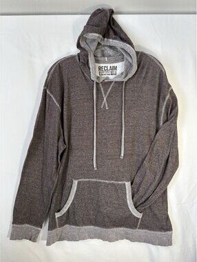 Reclaim Mens XL Thermal Hoodie Brown Waffle Knit Reverse Seam Pullover Grunge